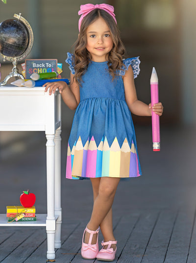 Mia Belle Girls Rainbow Crayon Denim Dress | Back To School Dresses