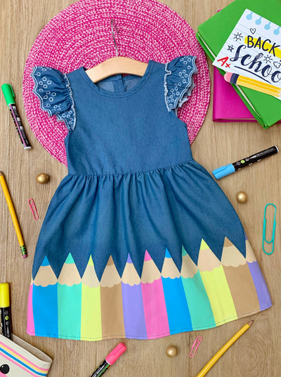 Mia Belle Girls Rainbow Crayon Denim Dress | Back To School Dresses