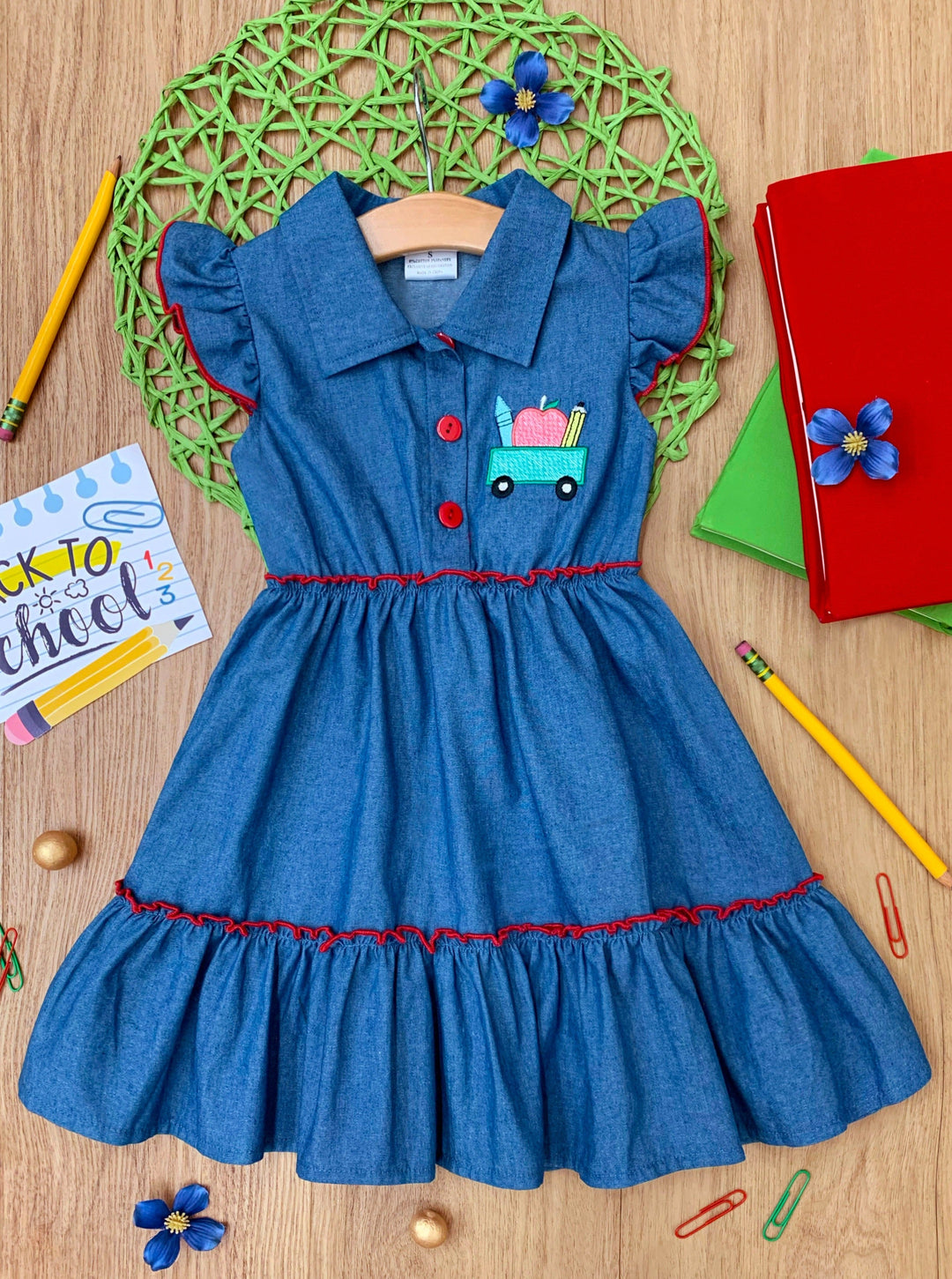 Mia Belle Girls Ruffle Trim Denim Dress Back To School Dresses