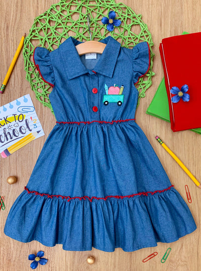 Mia Belle Girls Ruffle Trim Denim Dress | Back To School Dresses