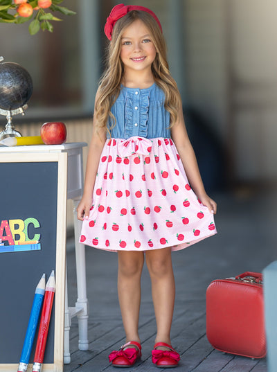 Mia Belle Girls Chambray Apple Print Dress | Back To School Dresses