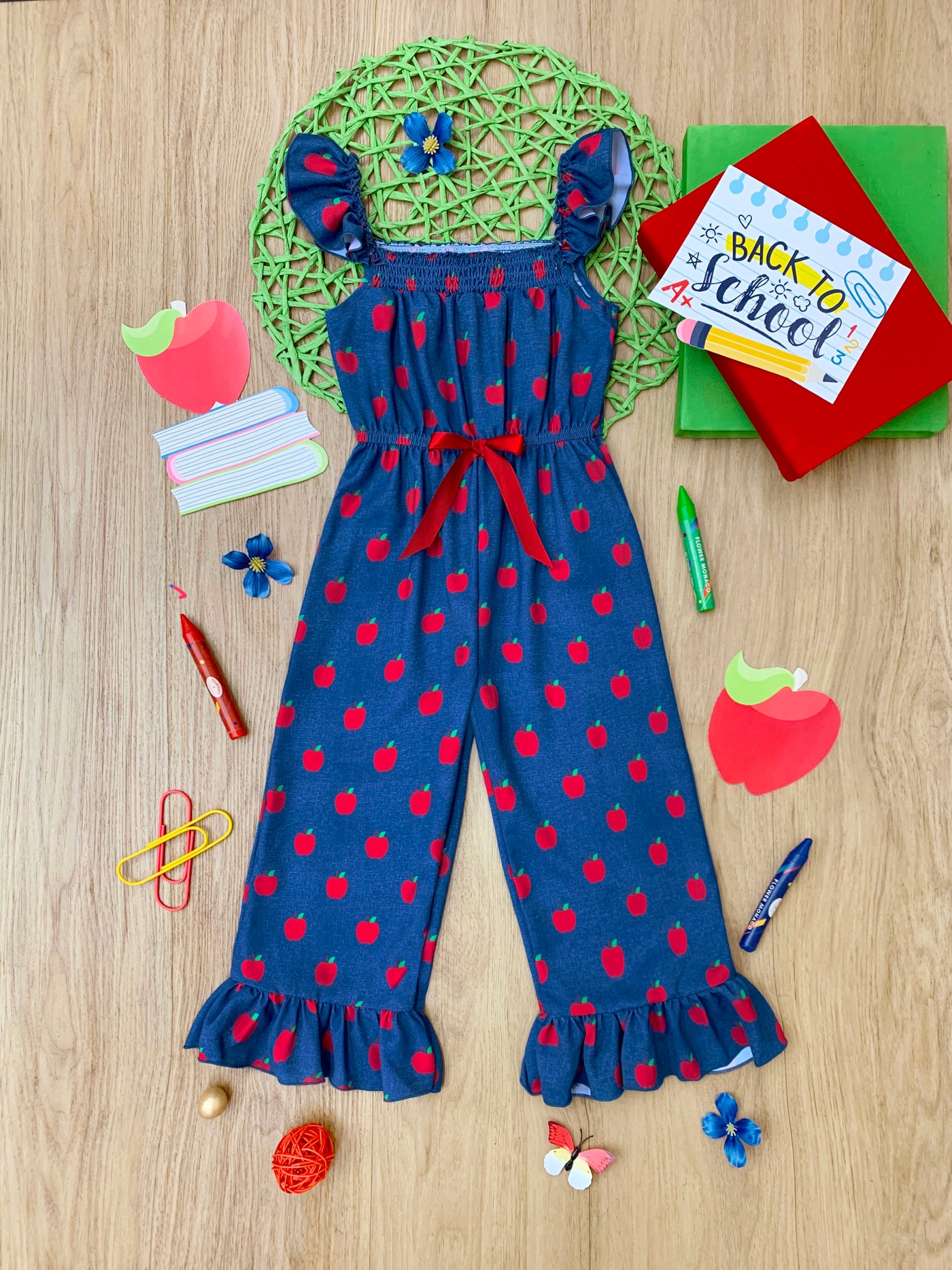 1st Day of School Clothes | Apple Ruffle Jumpsuit | Mia Belle Girls