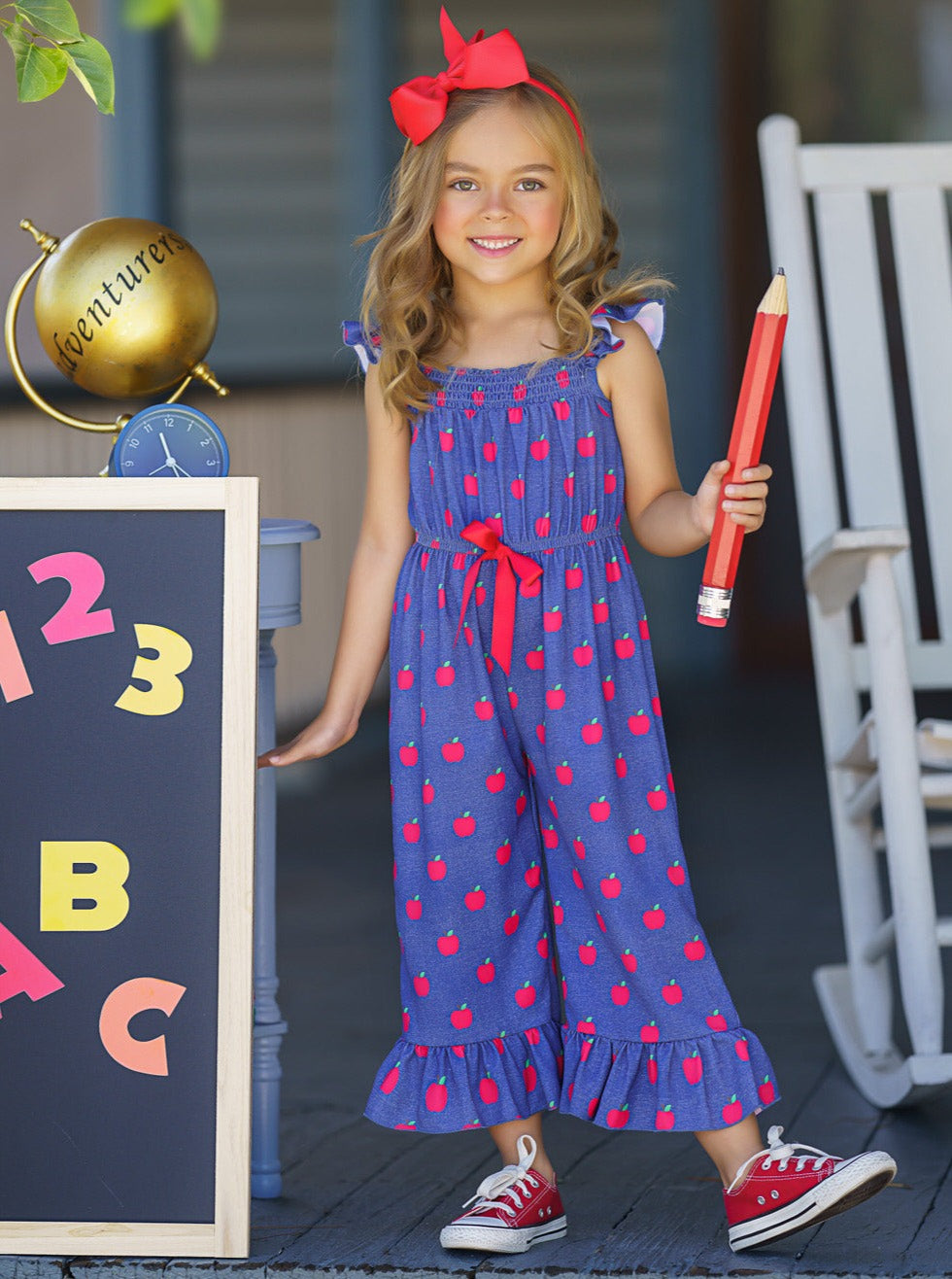 1st Day of School Clothes | Apple Ruffle Jumpsuit | Mia Belle Girls