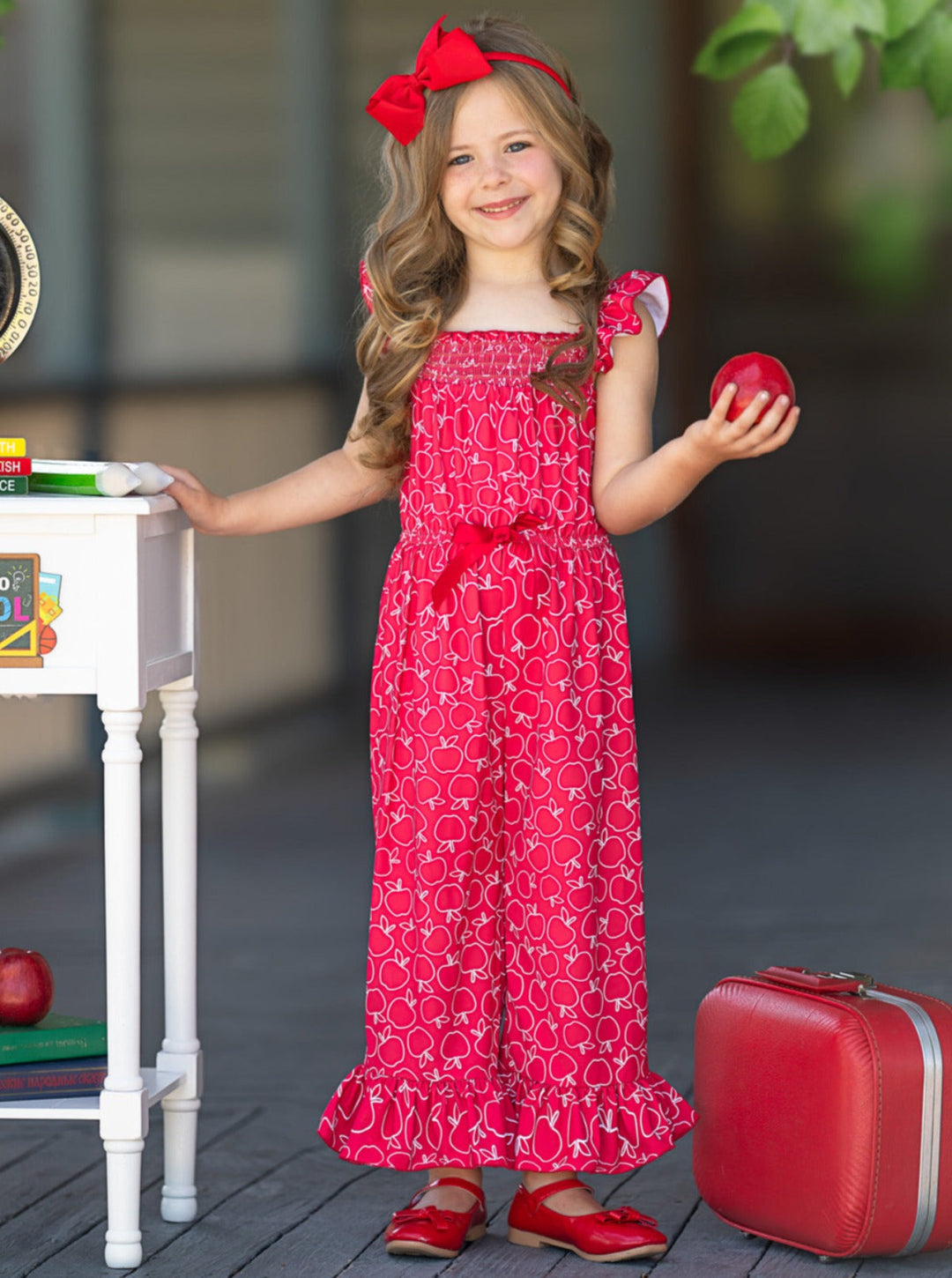 Mia Belle Girls Red Apple Ruffle Jumpsuit Back To School Outfits