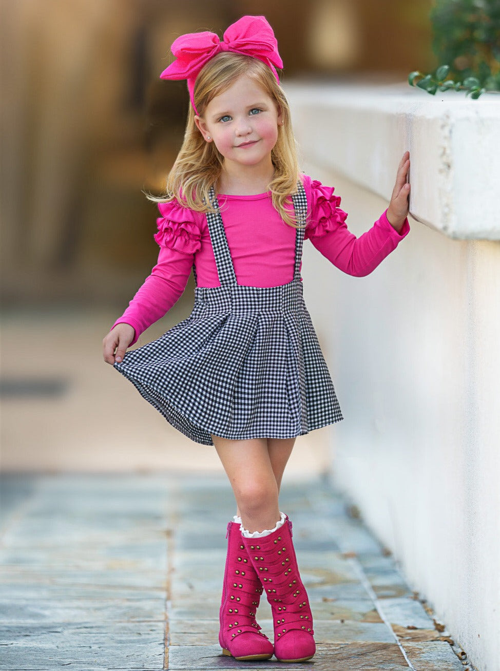 Mia Belle Girls Gingham Suspender Skirt Set | Toddler Outfits