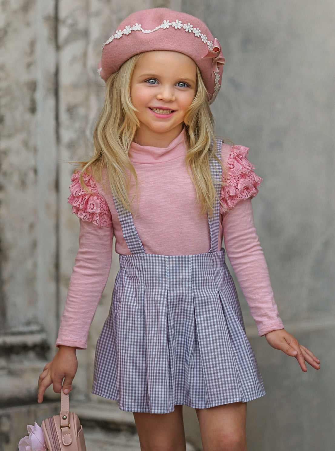 Mia Belle Girls Pink Top & Gingham Suspender Skirt | Toddler Outfits