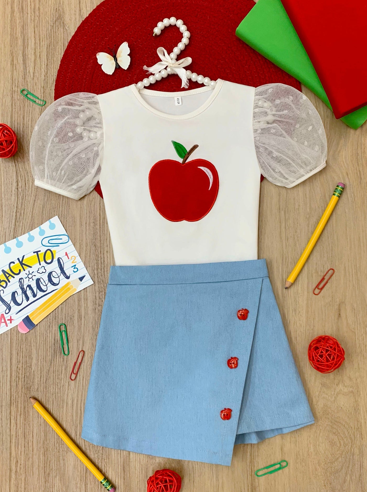 Mia Belle Girls Apple Puff Sleeve Top And Skort Set | Back To School