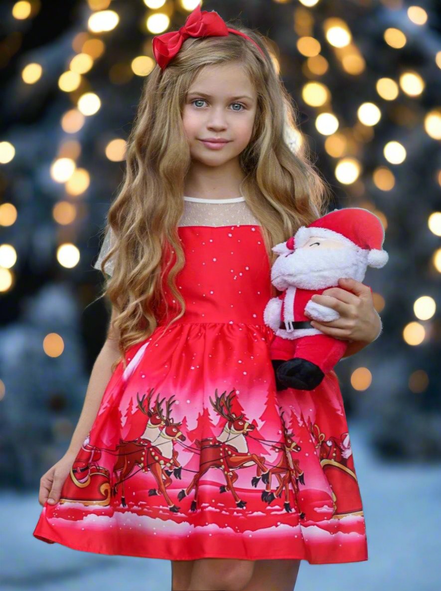 Ho-Ho-Ho Sheer Sleeve Holiday Scene Dress Ho-Ho-Ho Sheer Sleeve Holiday Scene Dress