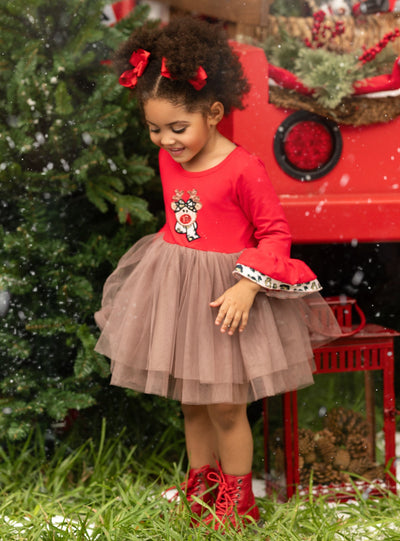 Cute Christmas Dresses | Girls Flounce Sleeve Reindeer Tutu Dress