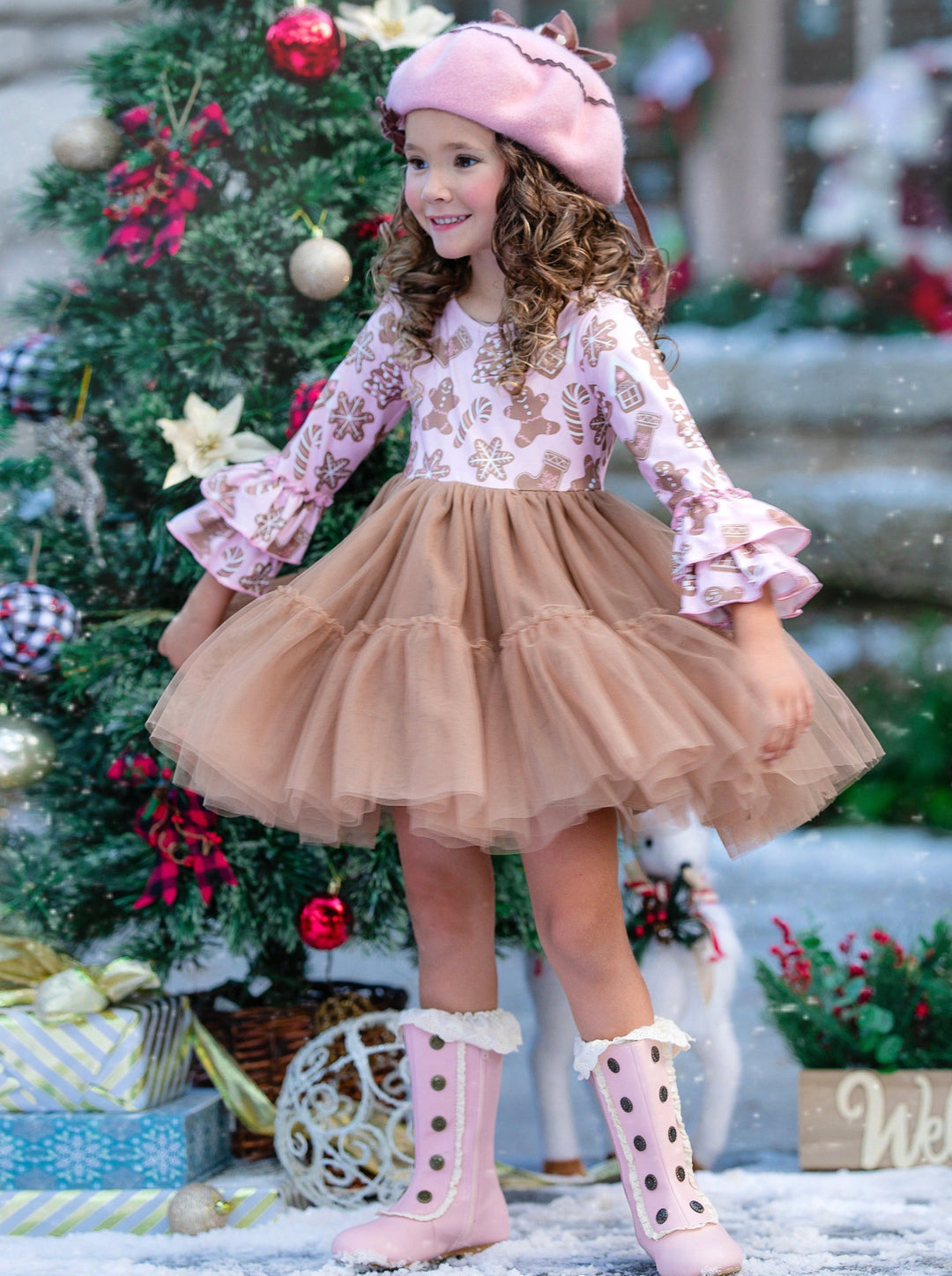Sweet Gingerbread Friends Pink Ruffle Sleeve Tutu Dress – Mia