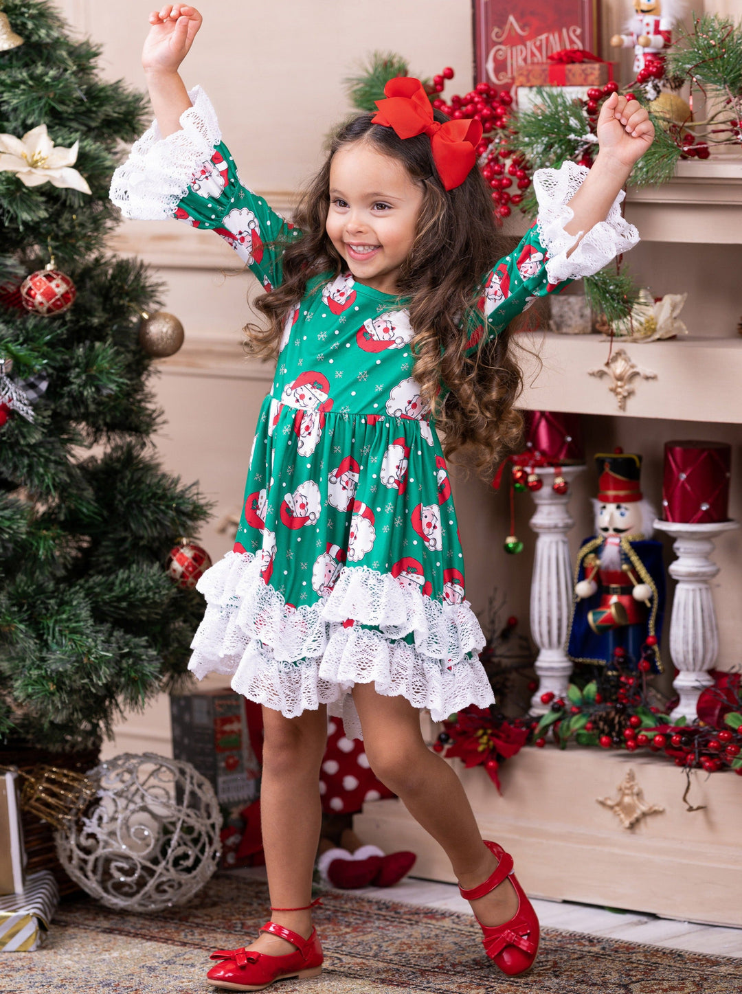 Cute Christmas Dresses | Santa Double Ruffle Dress | Holiday Dress Mia Belle Girls Cute Christmas Dresses | Santa Double Ruffle Dress | Holiday Dress Mia Belle Girls