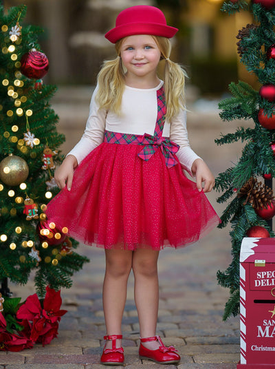 Mia Belle Girls Plaid Bow Christmas Dress | Girls Holiday Dresses