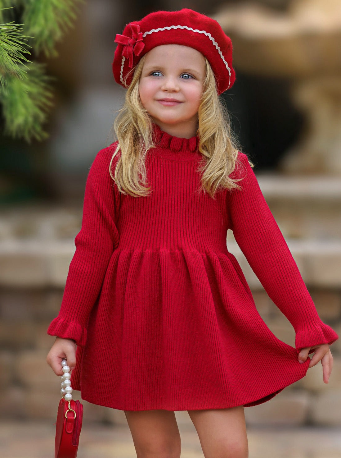 Mia Belle Girls Red Ruffle Knit Sweater Dress | Girls Winter Dresses