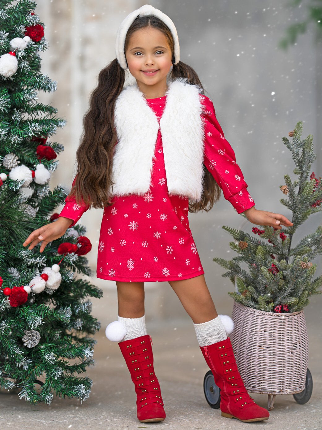 Festive Snowflake Christmas Dress and Faux Fur Vest Set – Mia Belle Girls