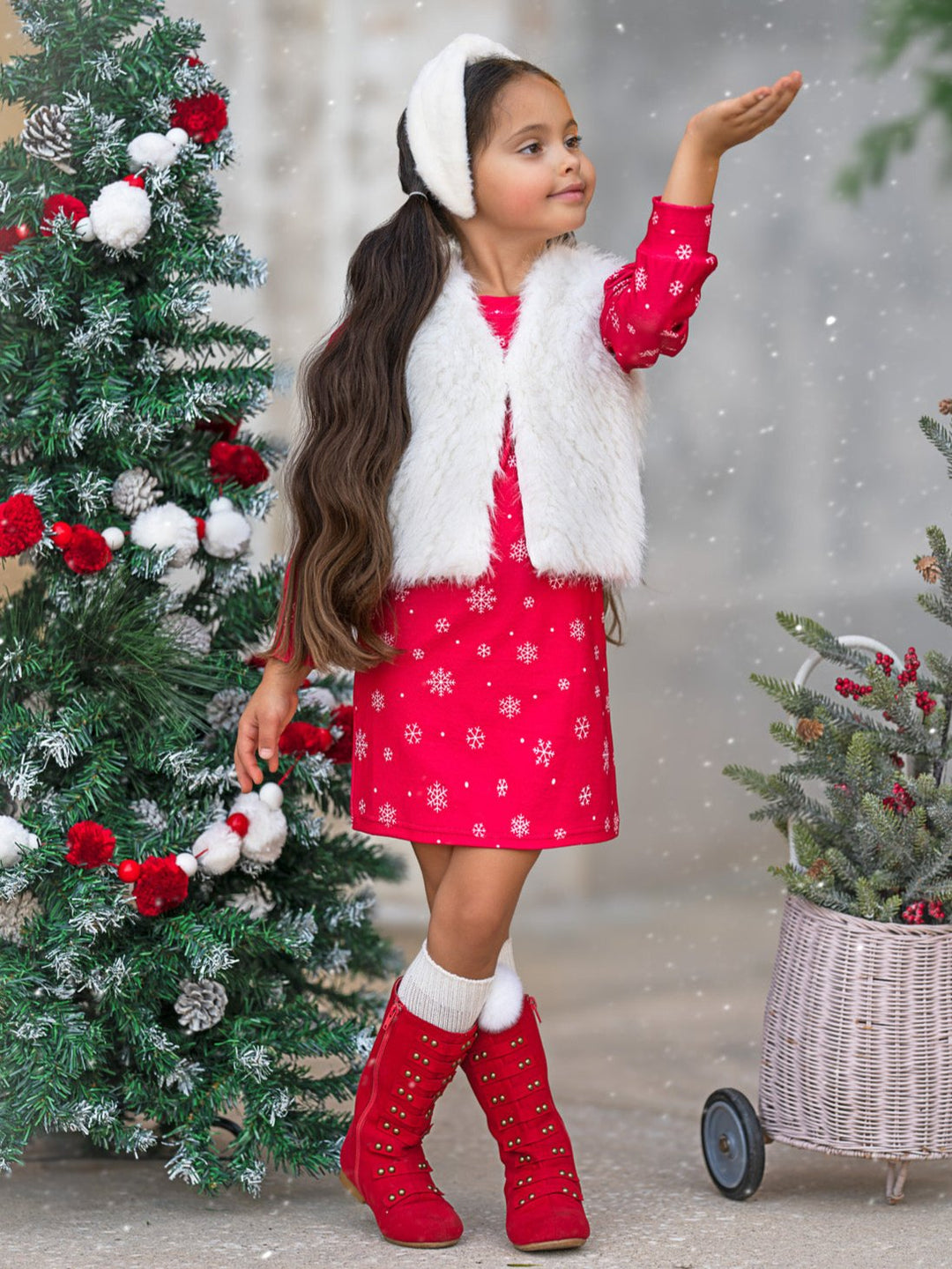 Festive Snowflake Christmas Dress and Faux Fur Vest Set – Mia