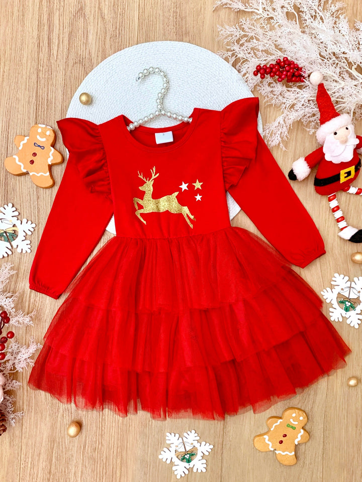 Golden Reindeer Ruffled Tutu Dress