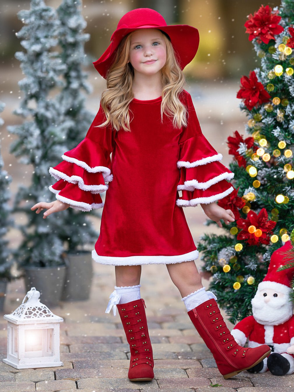 Velvet Santa Bell Sleeve with Faux Fur Dress Mia Belle Girls Velvet Santa Bell Sleeve with Faux Fur Dress Mia Belle Girls