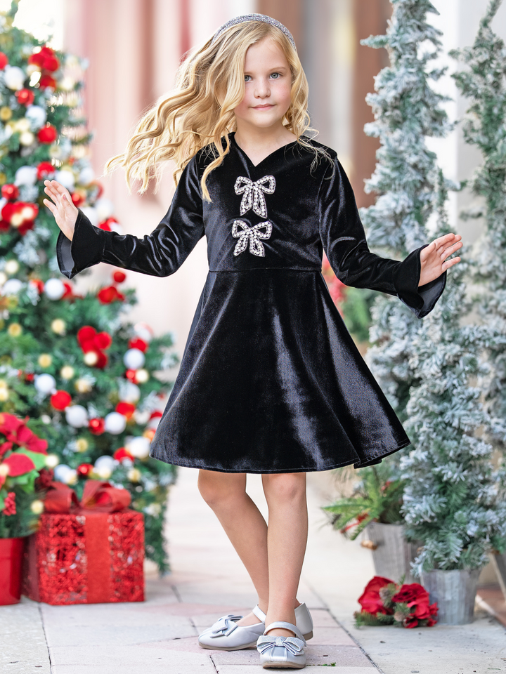 Crystal Bow Long Sleeve Velour Dress