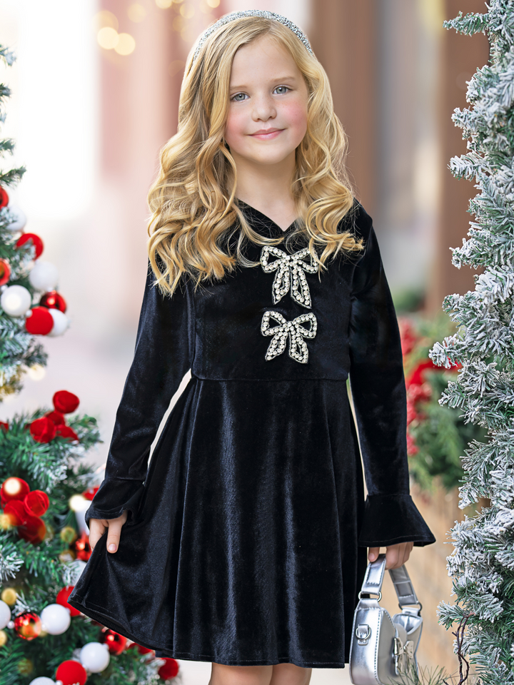 Crystal Bow Long Sleeve Velour Dress