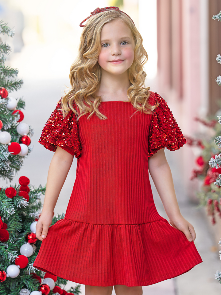 Glam Sequin Puff Sleeve Red Holiday Dress