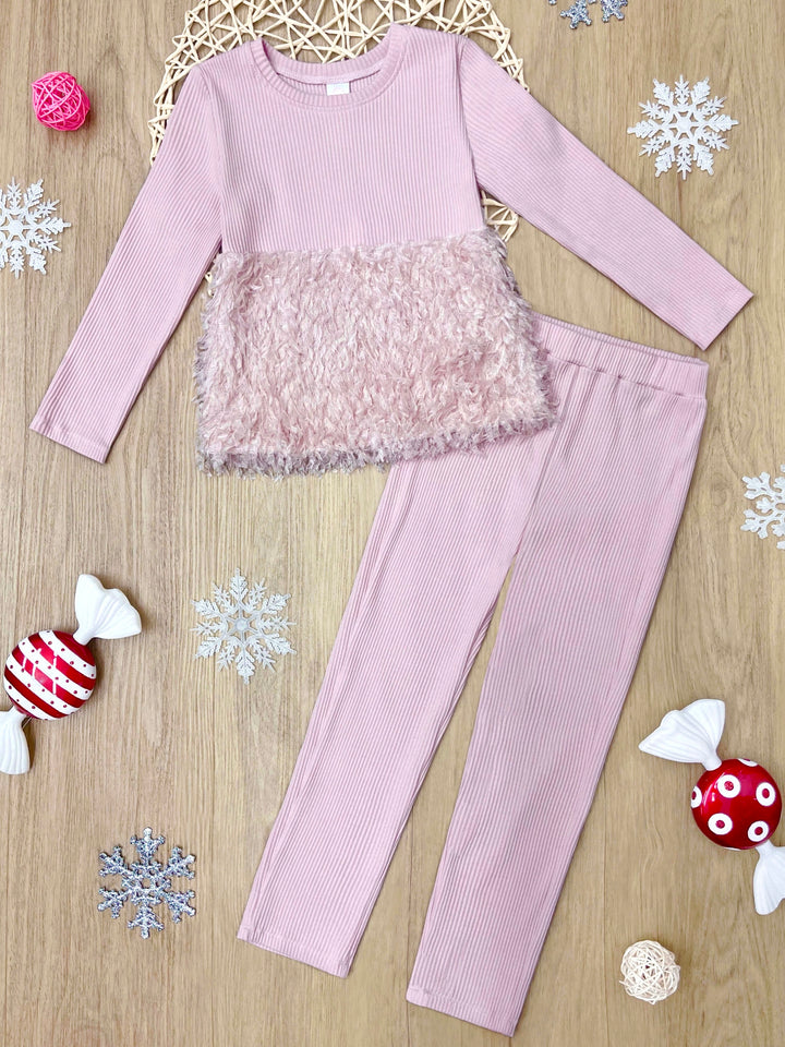 Cozy Couture Pink Feather Top and Ribbed Pant Set