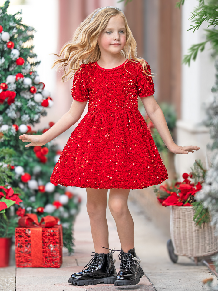 Merry Sparkle Sequin Puff Sleeve Dress