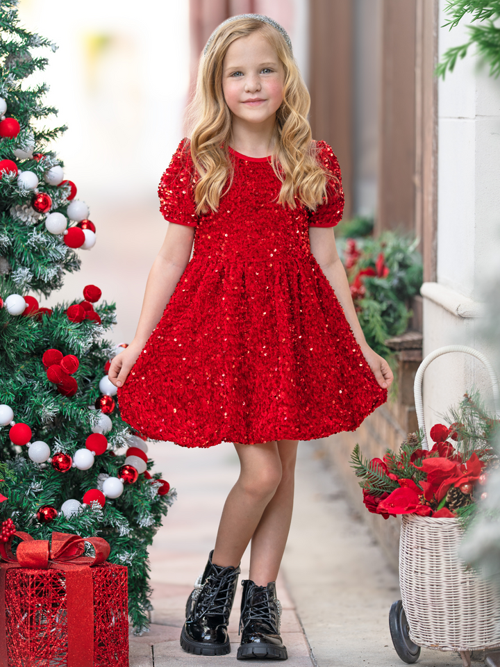 Merry Sparkle Sequin Puff Sleeve Dress