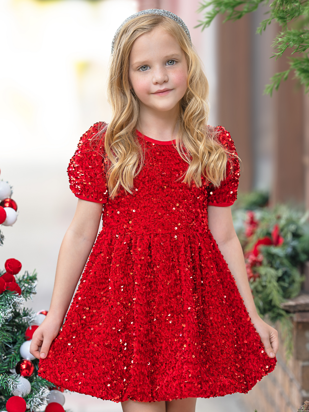 Merry Sparkle Sequin Puff Sleeve Dress
