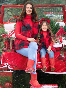 Mommy and Me Furry Buffalo Plaid Outerwear Vest