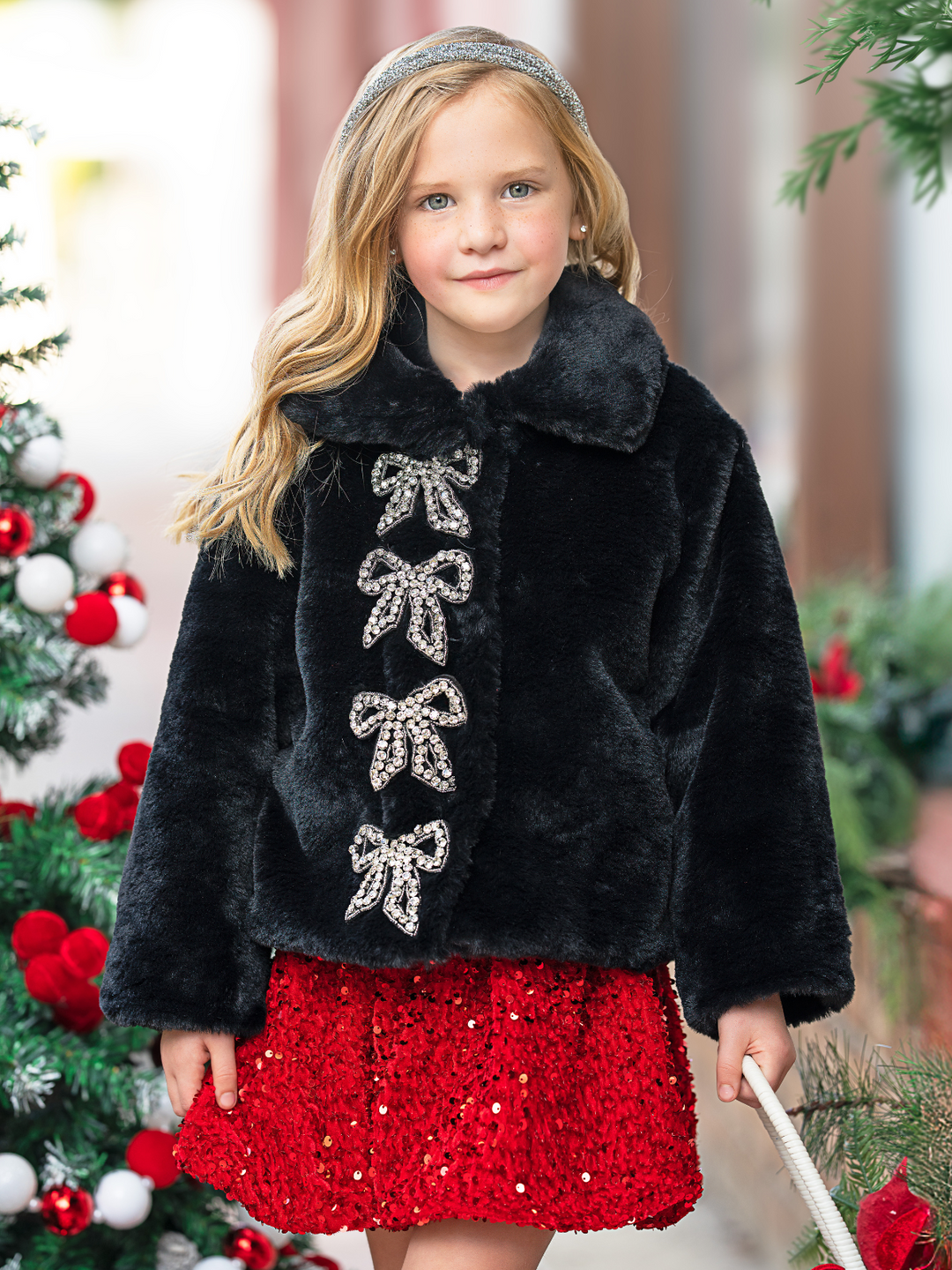 Sparkling Bow Faux Fur Coat