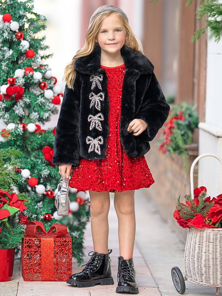 Sparkling Bow Faux Fur Coat