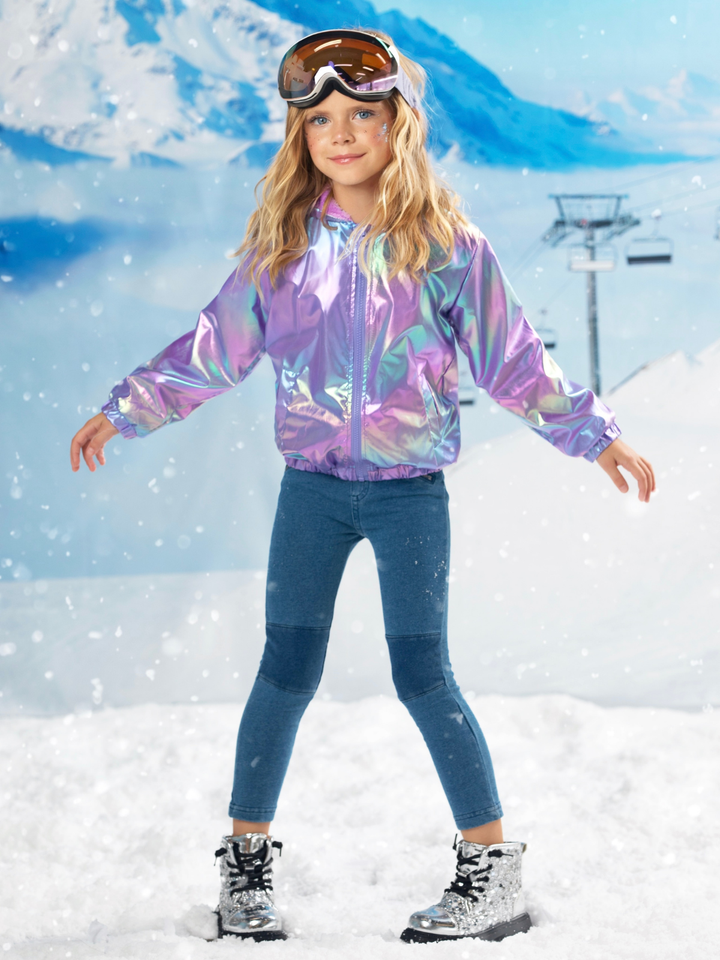 Lilac Glow Holographic Faux Fur Zip-Up Jacket