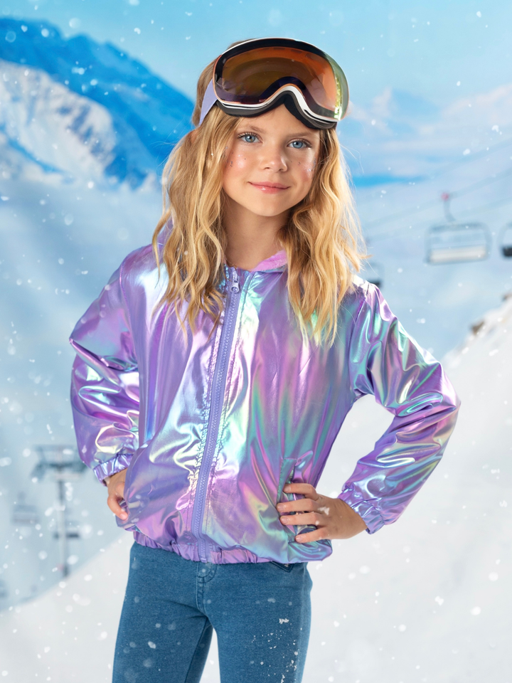 Lilac Glow Holographic Faux Fur Zip-Up Jacket