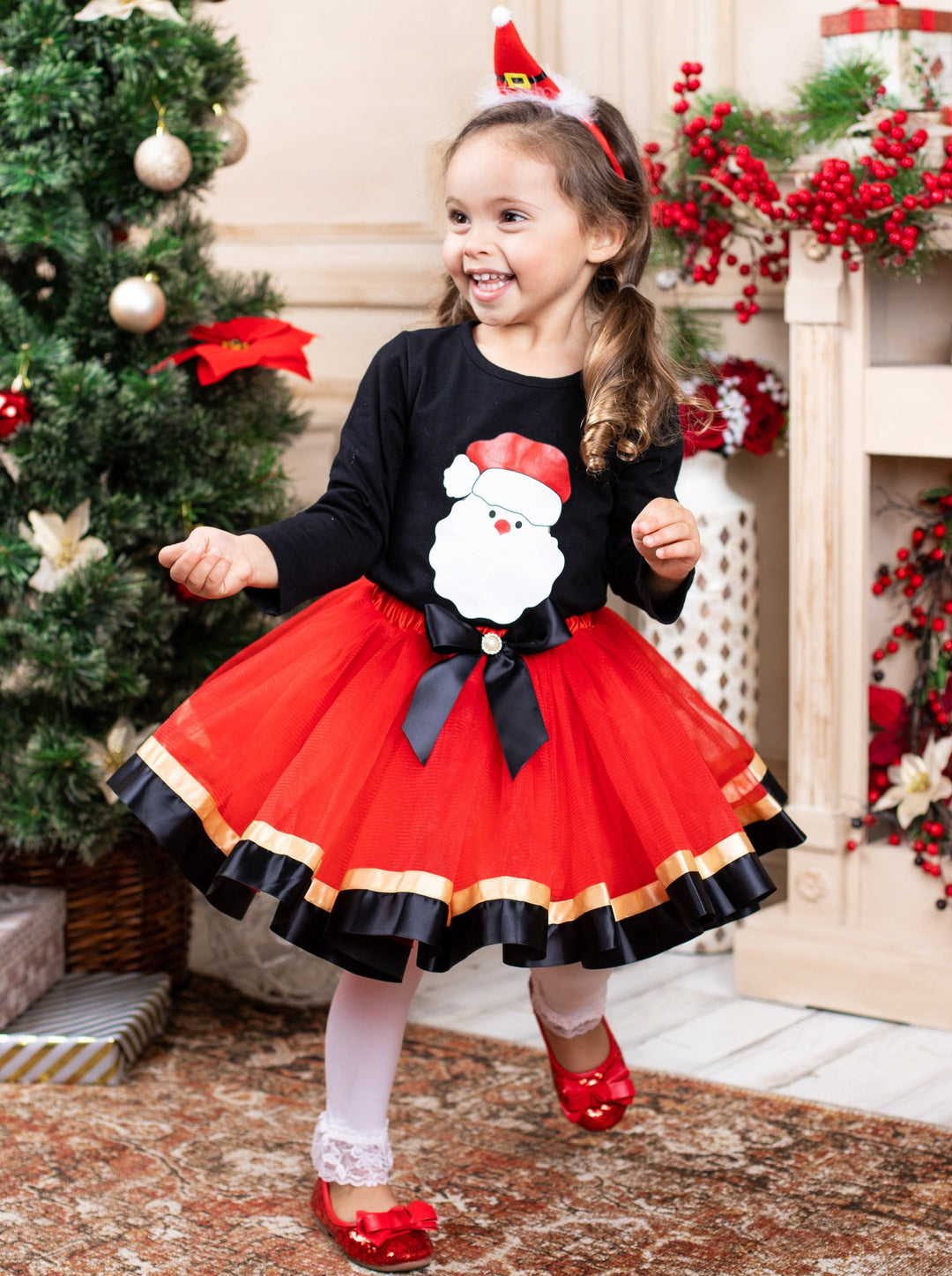 Cute Christmas Skirt Set | Girls Long Sleeved Santa Top Tutu Skirt Set Mia Belle Girls Cute Christmas Skirt Set | Girls Long Sleeved Santa Top Tutu Skirt Set Mia Belle Girls
