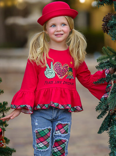 Girls Winter Casual Sets | Peace, Love, Christmas Patched Jean Set 