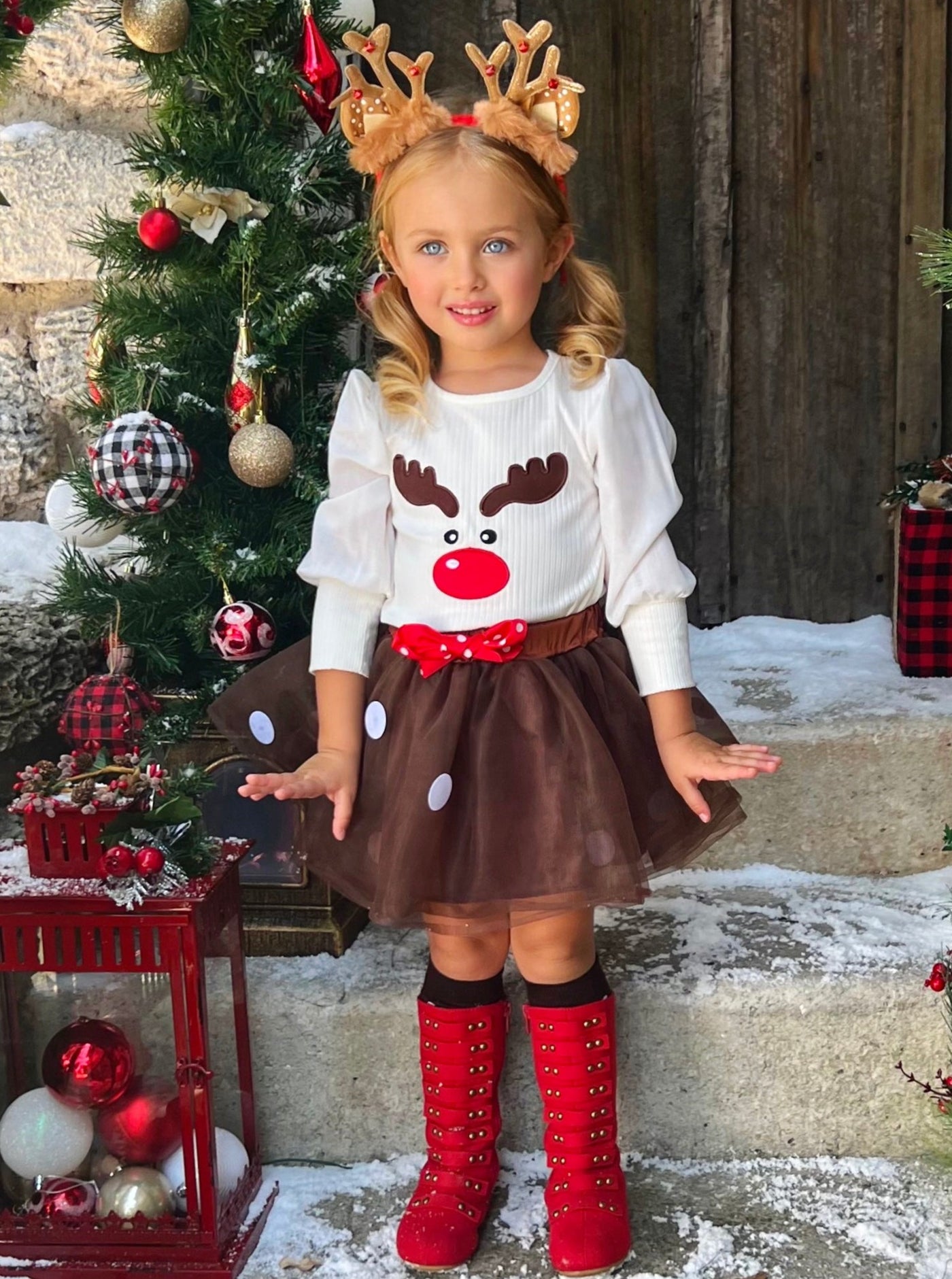 Cute Winter Skirt Sets | Reindeer Top Tutu Skirt Set | Mia Belle Girls