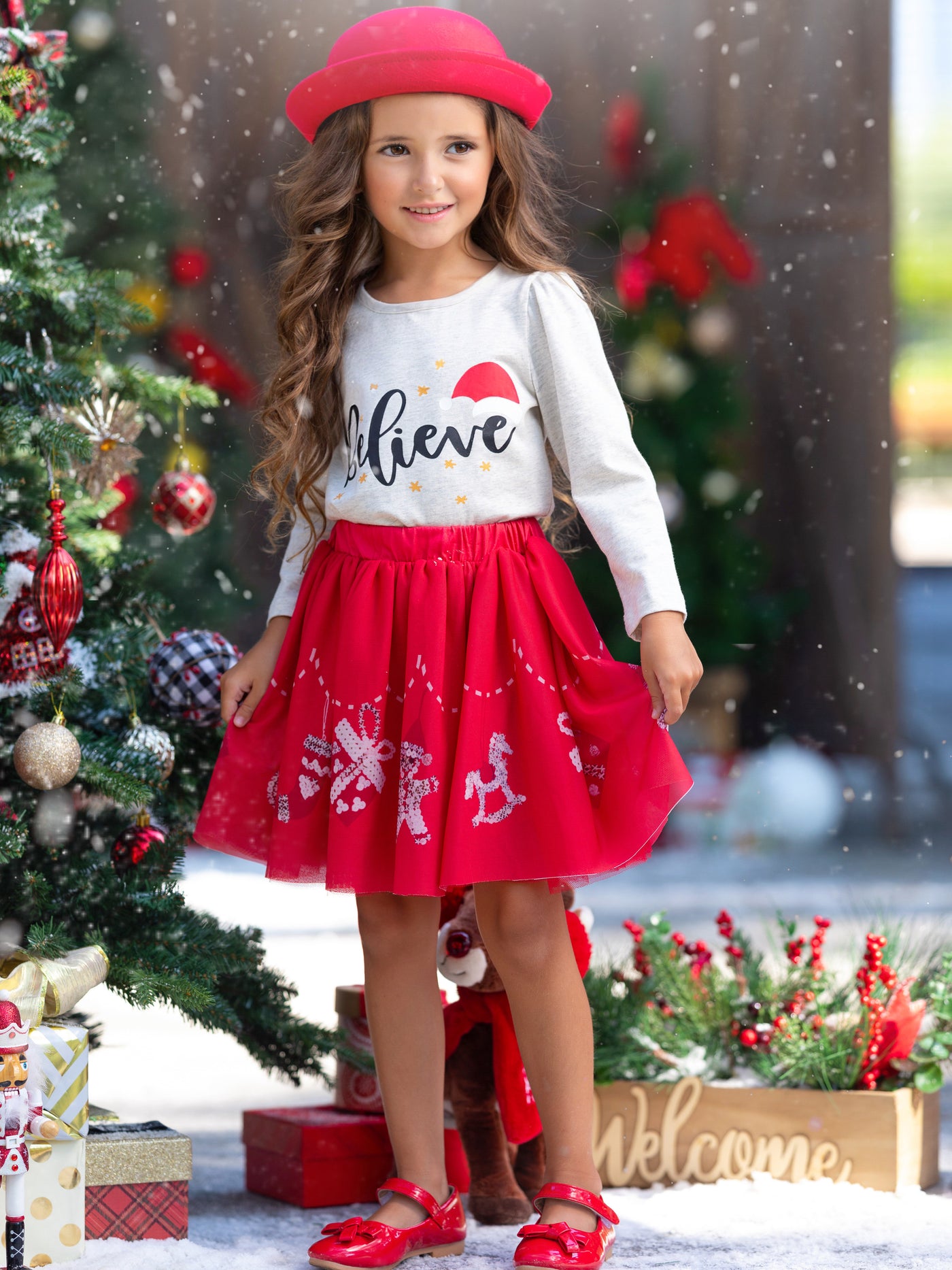 Celebrate Magic Ruffle Top And Christmas Print Skirt Set