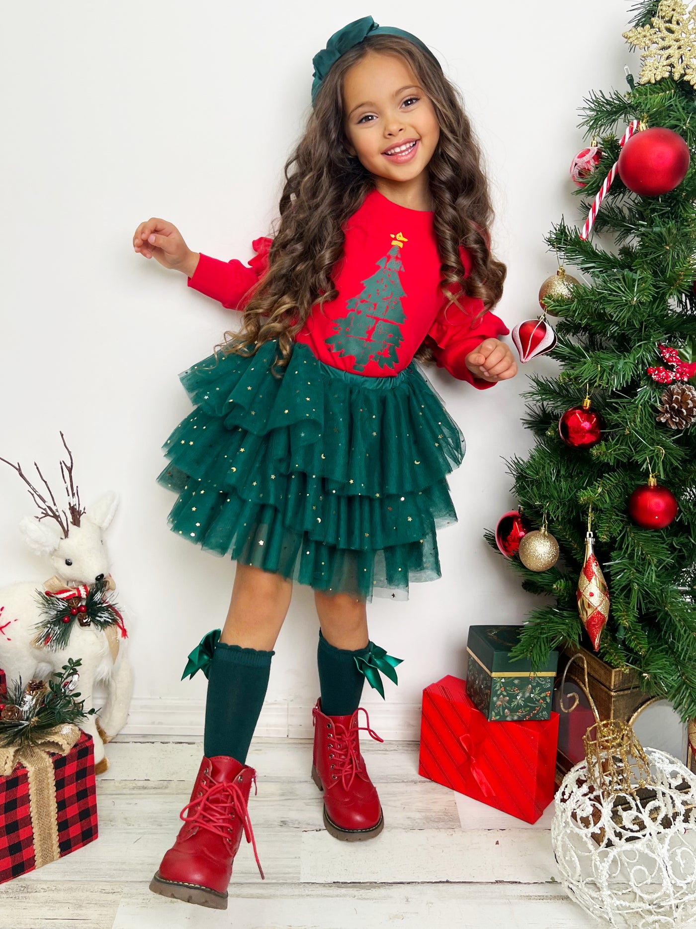 Mia Belle Girls Christmas Tree Tutu Skirt Set | Girls Holiday Dresses