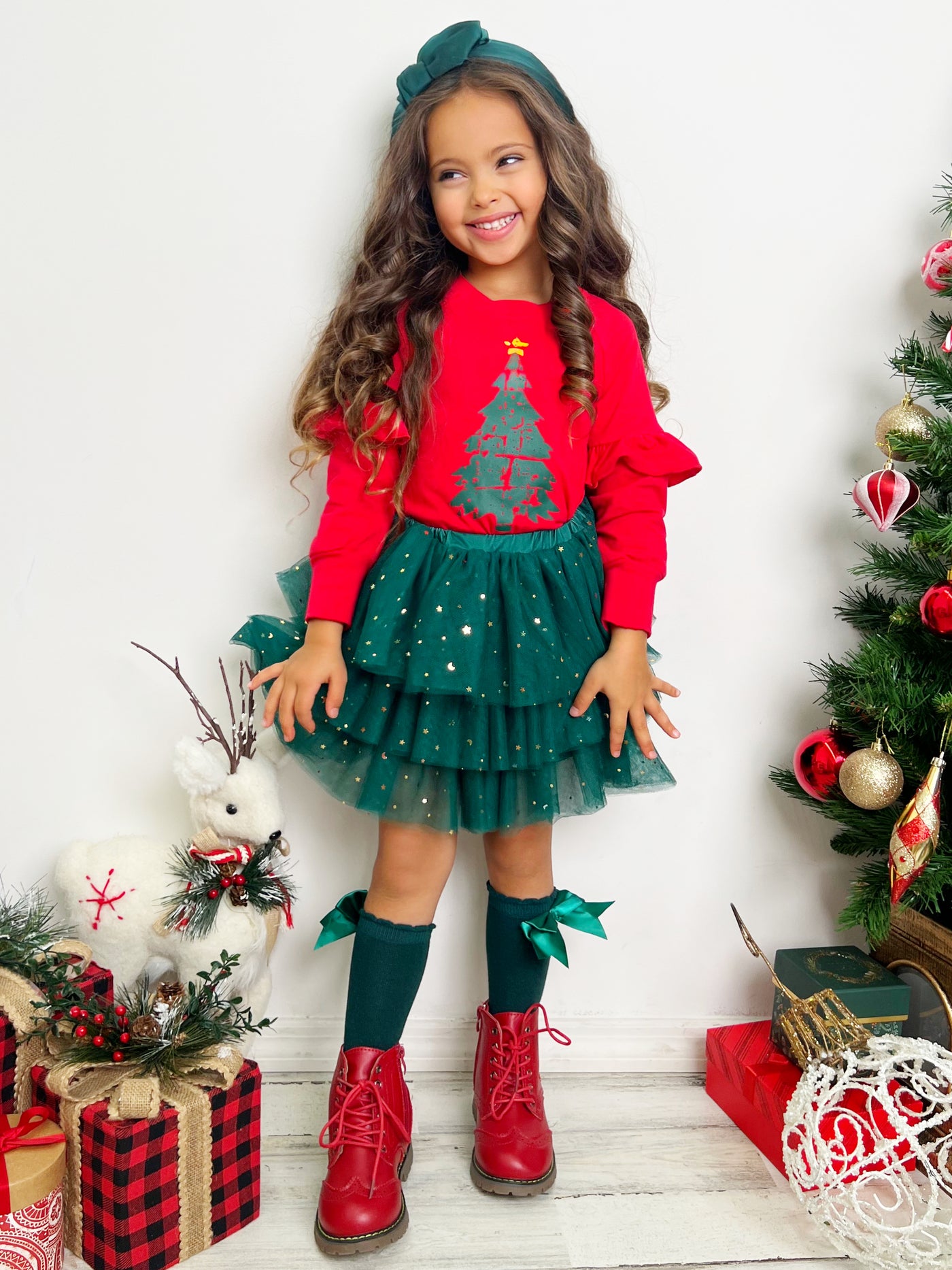 Mia Belle Girls Christmas Tree Tutu Skirt Set | Girls Holiday Dresses