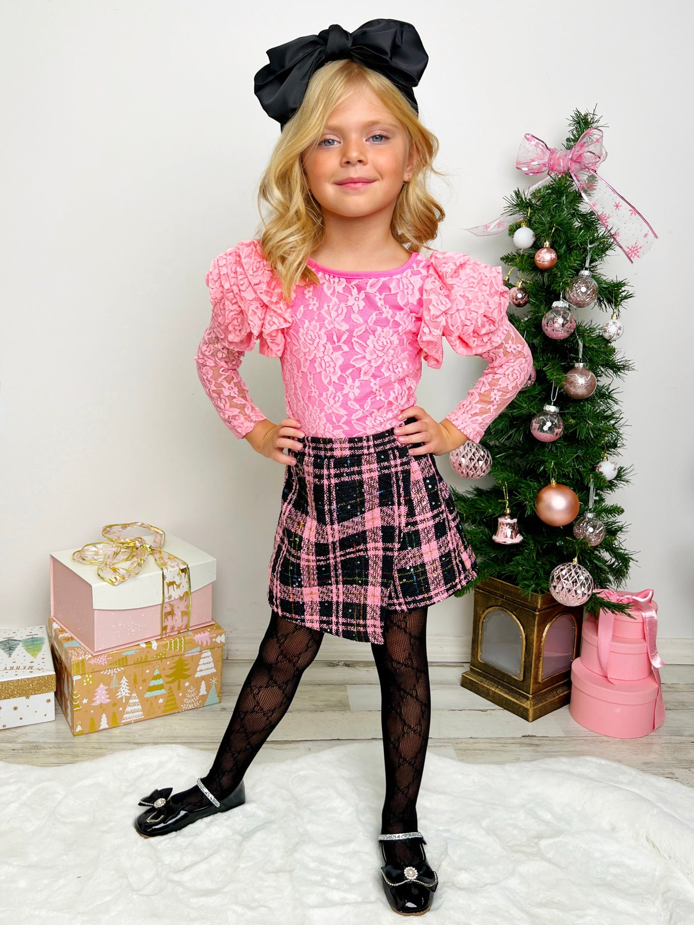 Mia Belle Girls Pink Lace Top & Plaid Skort Set | Cute Winter Outfits