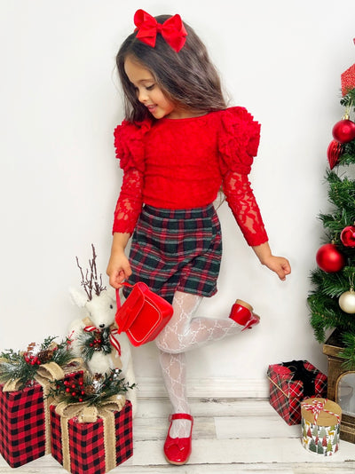 Mia Belle Girls Lace Top & Plaid Skort Set | Cute Winter Outfits