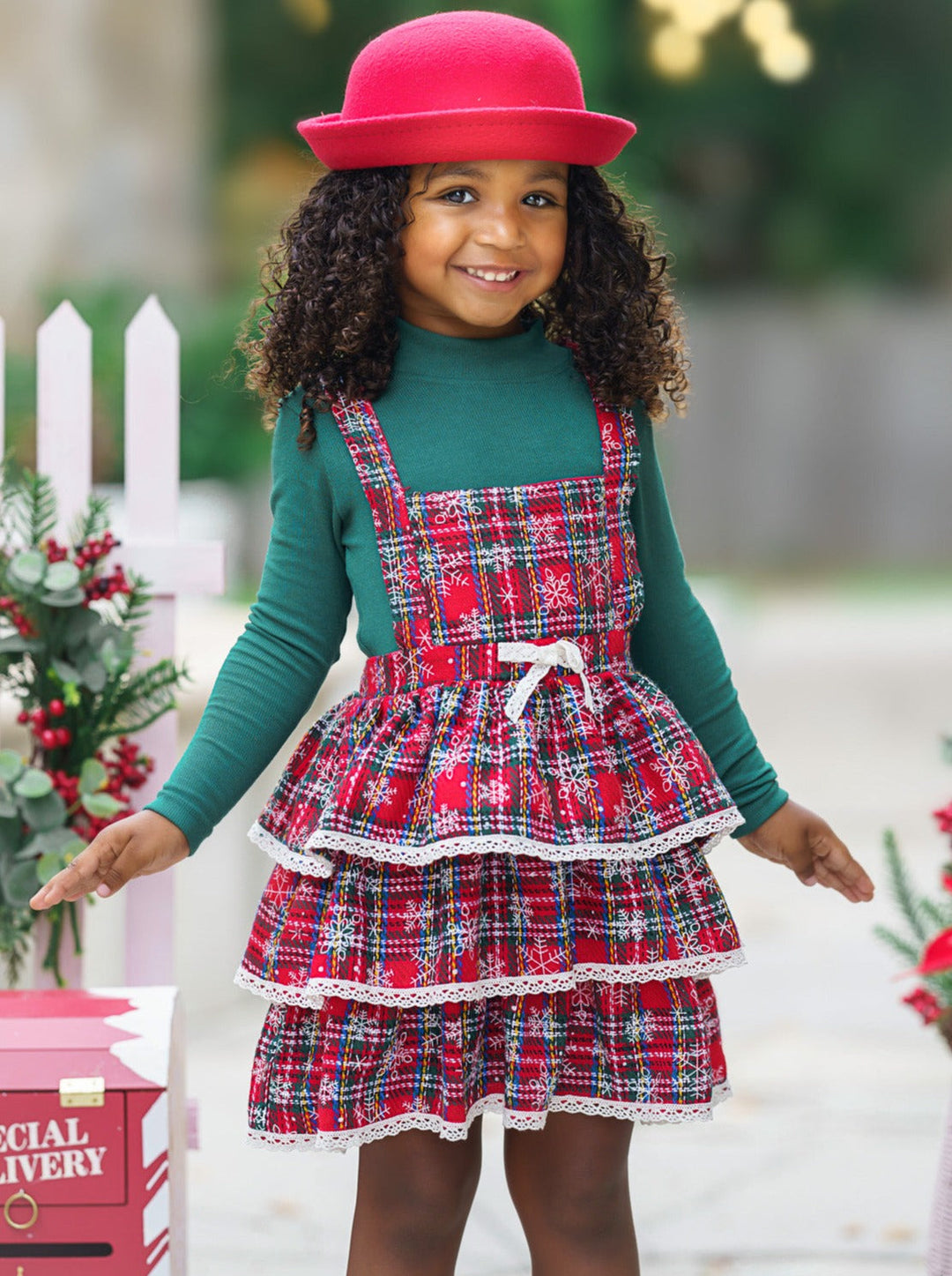 Jingle Belle Chic Turtleneck Top and Plaid Overall Dress – Mia