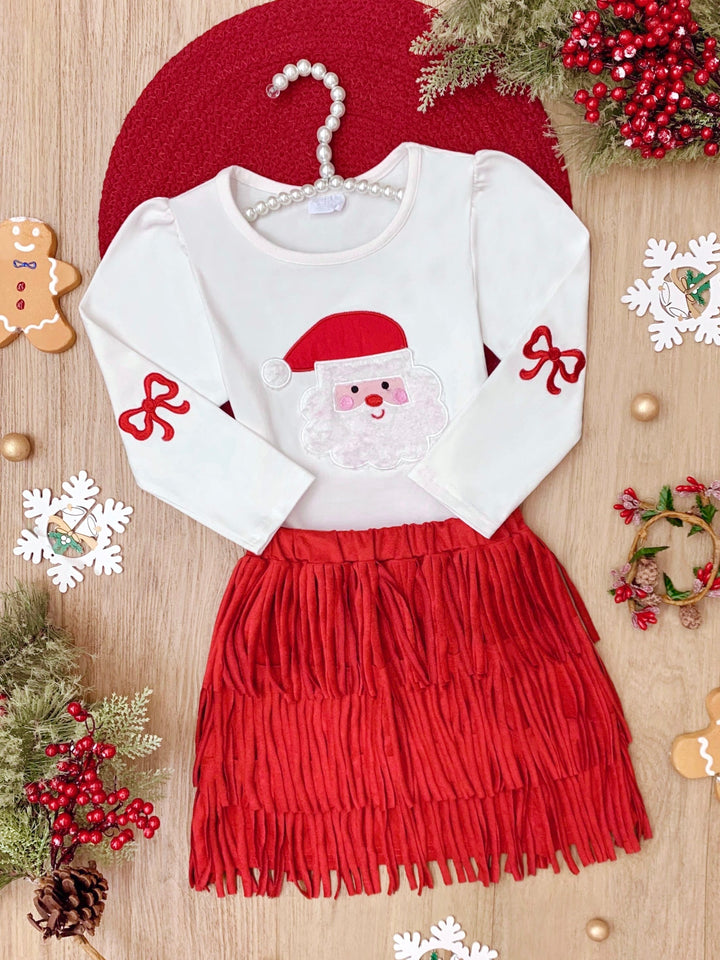 Fabulous Santa Long Sleeve Top and Red Fringe Skirt Set