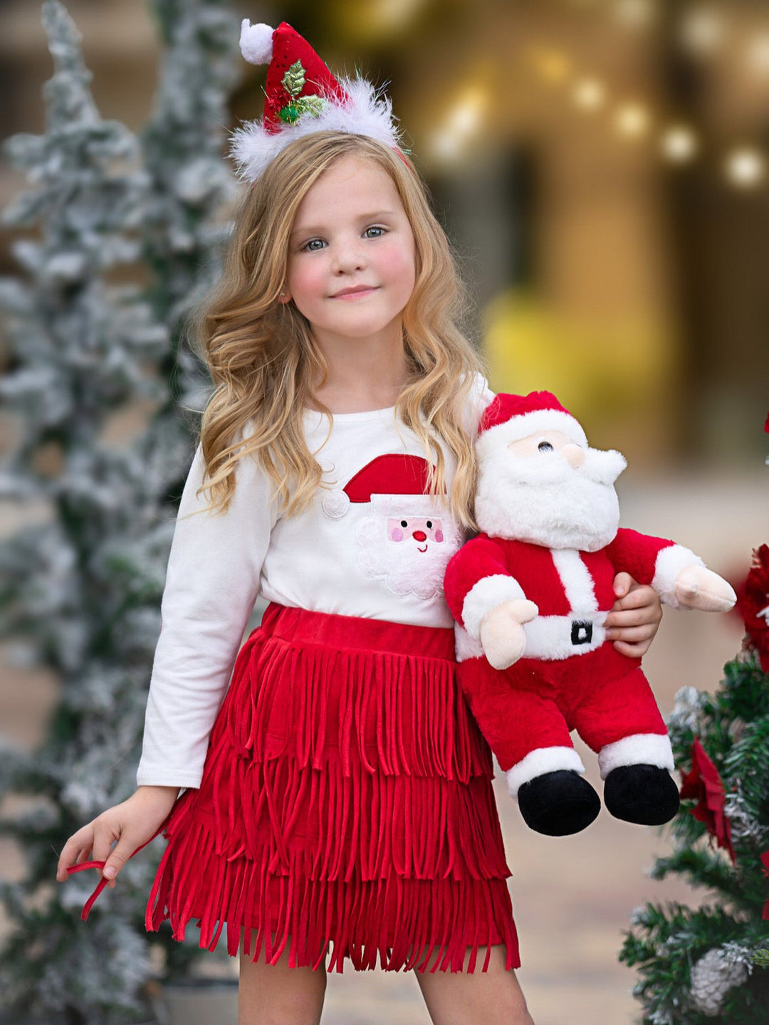 Fabulous Santa Long Sleeve Top and Red Fringe Skirt Set – Mia