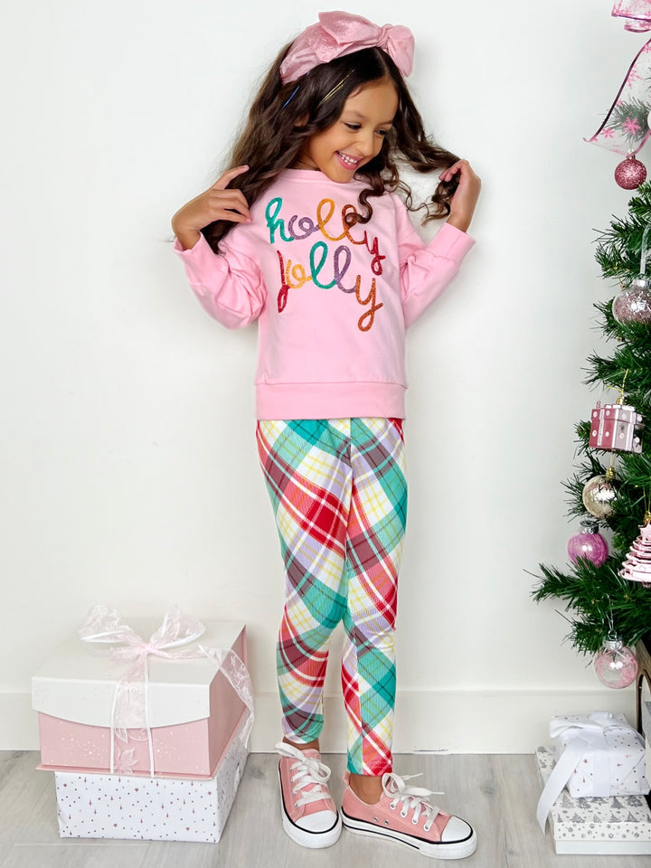 Holly Jolly Pink Sweatershirt and Christmas Plaid Legging Set