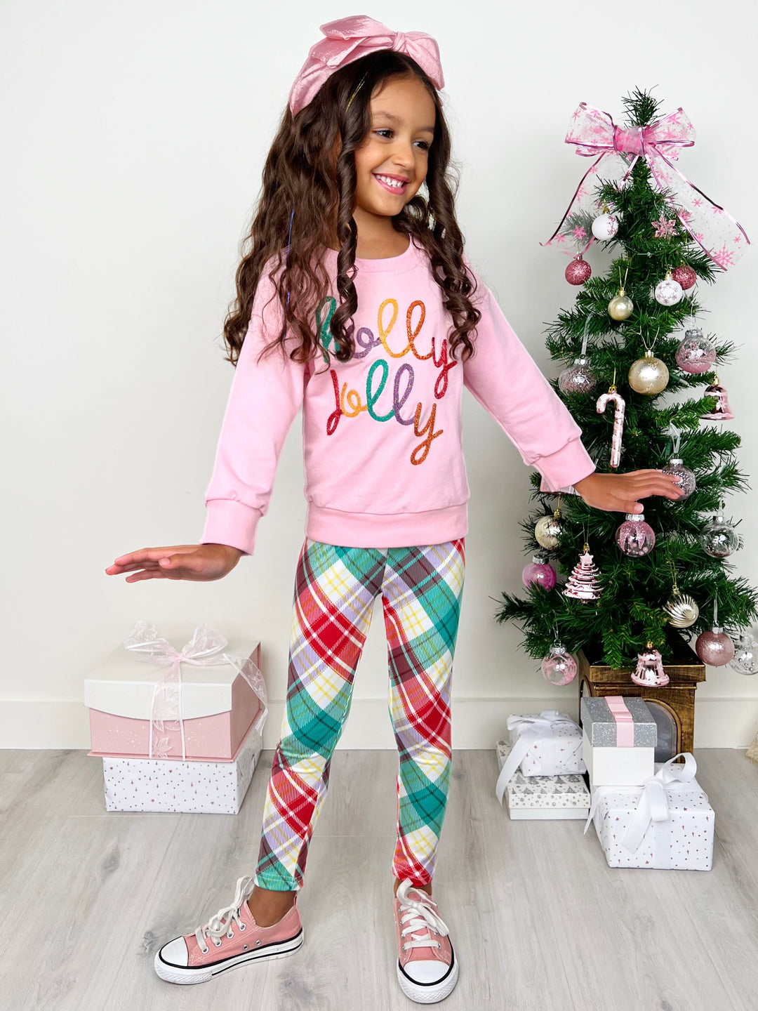 Holly Jolly Pink Sweatershirt and Christmas Plaid Legging Set
