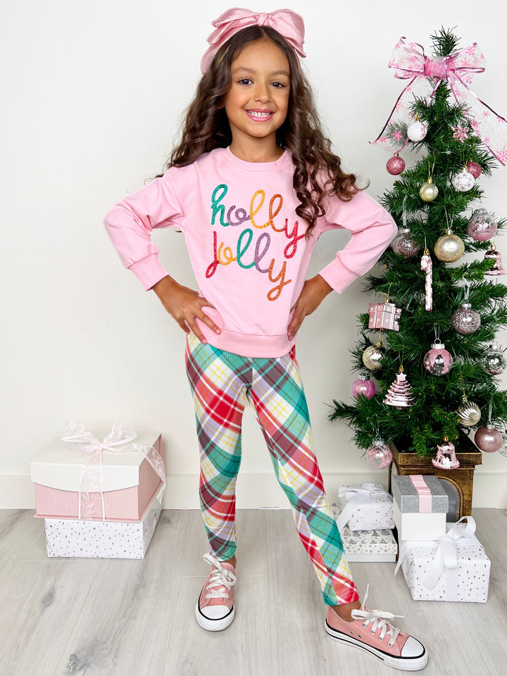 Holly Jolly Pink Sweatershirt and Christmas Plaid Legging Set