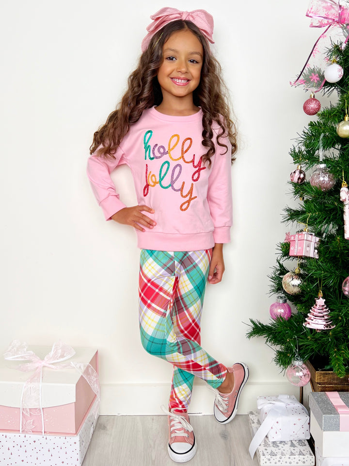 Holly Jolly Pink Sweatershirt and Christmas Plaid Legging Set
