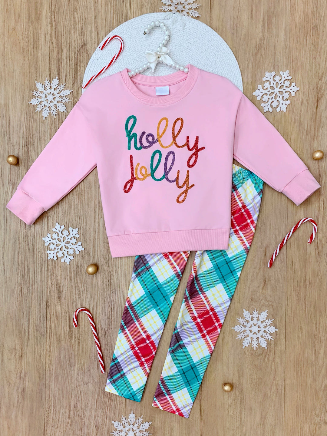 Holly Jolly Pink Sweatershirt and Christmas Plaid Legging Set