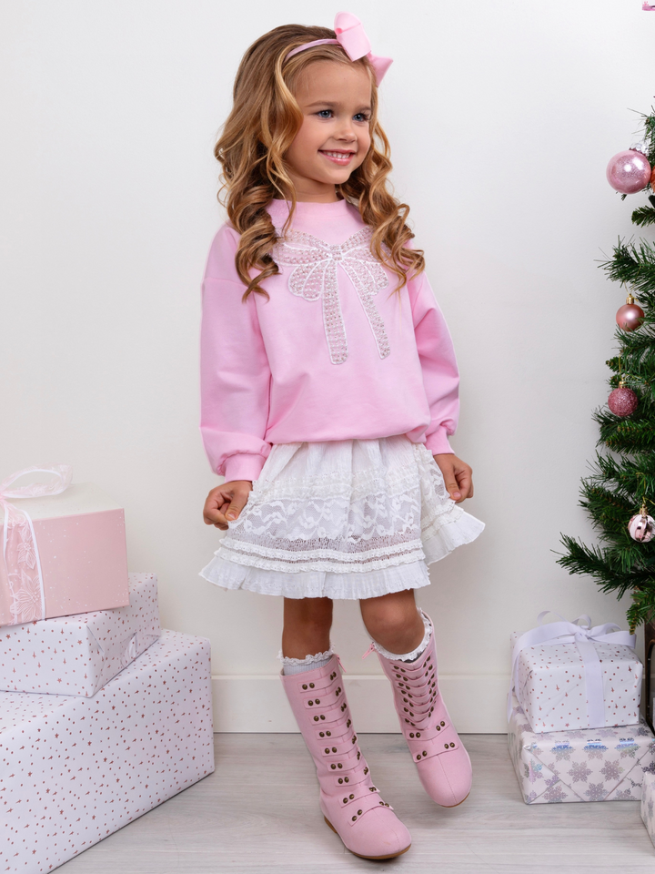 Pretty in Pink Pearl Bow Top and Lace Skirt Set